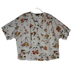 Madison Curvy Blouse 1X White Yellow Floral V-Neck Plus Size Fall Kimono Top